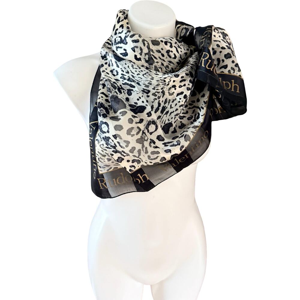 Vintage Rudolph Valentino Silk Leopard Print Scarf 1980s Black Gold Border 35x35 - Picture 5 of 9